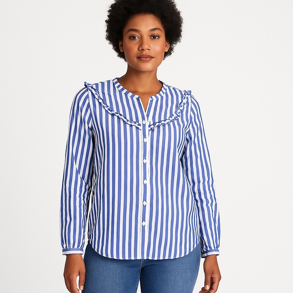 Old Navy Tops - OLD NAVY Blue White Stripe Ruffle Button Blouse Small
